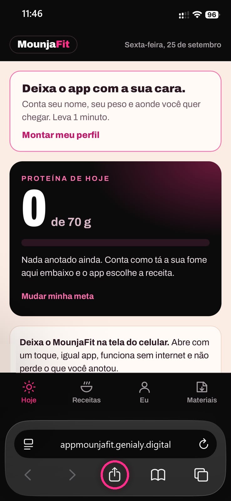 Safari com o app aberto e o botão Compartilhar embaixo