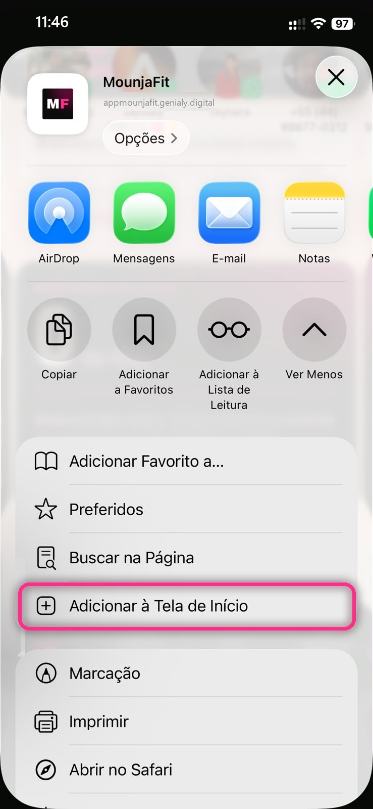 Menu de compartilhar com a opção Adicionar à Tela de Início