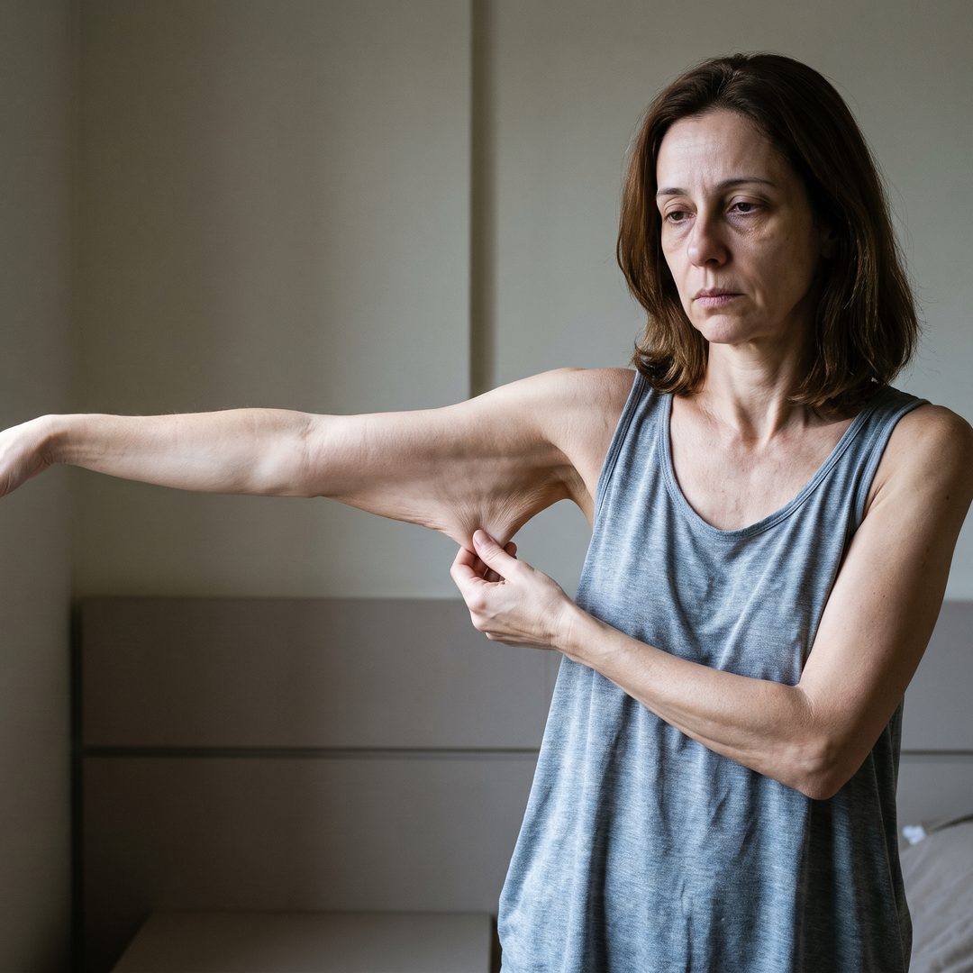 Mulher triste puxando a pele solta embaixo do braço