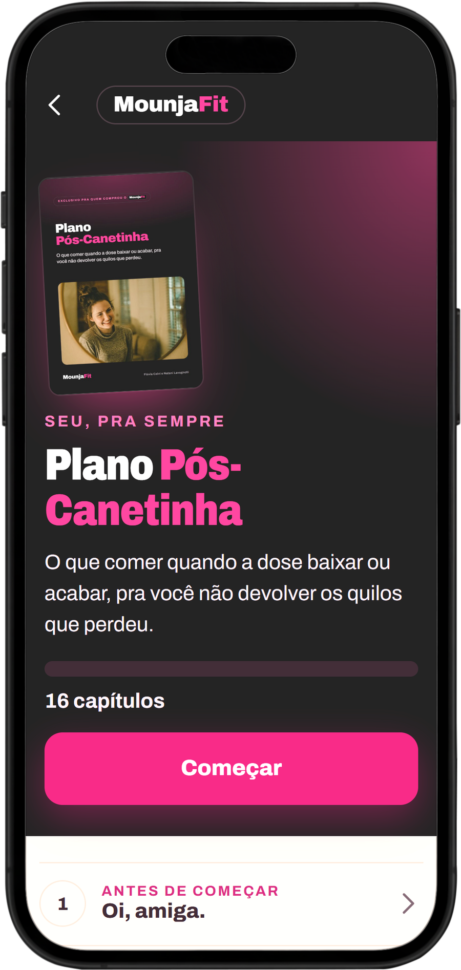 App MounjaFit no iPhone com o Plano Pós-Canetinha em destaque